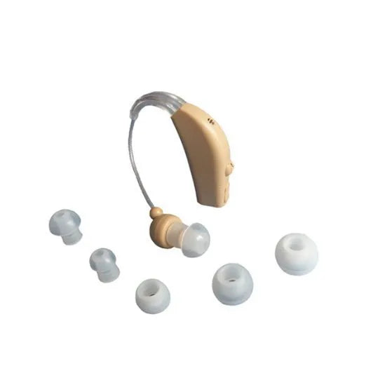 U-Kiss rechargeable behind-the-ear digital hearing aid amplifier on a white background.