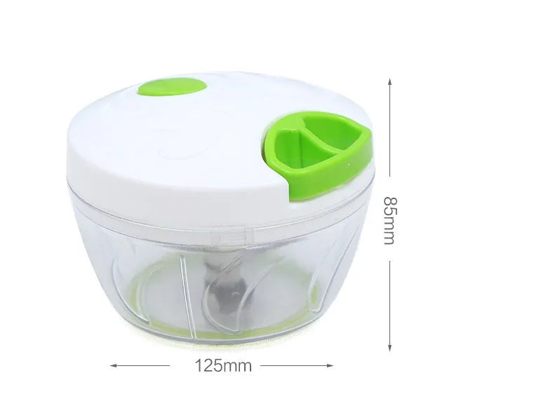 Green manual kitchen chopper with three stainless steel blades inside a clear 500ml bowl.