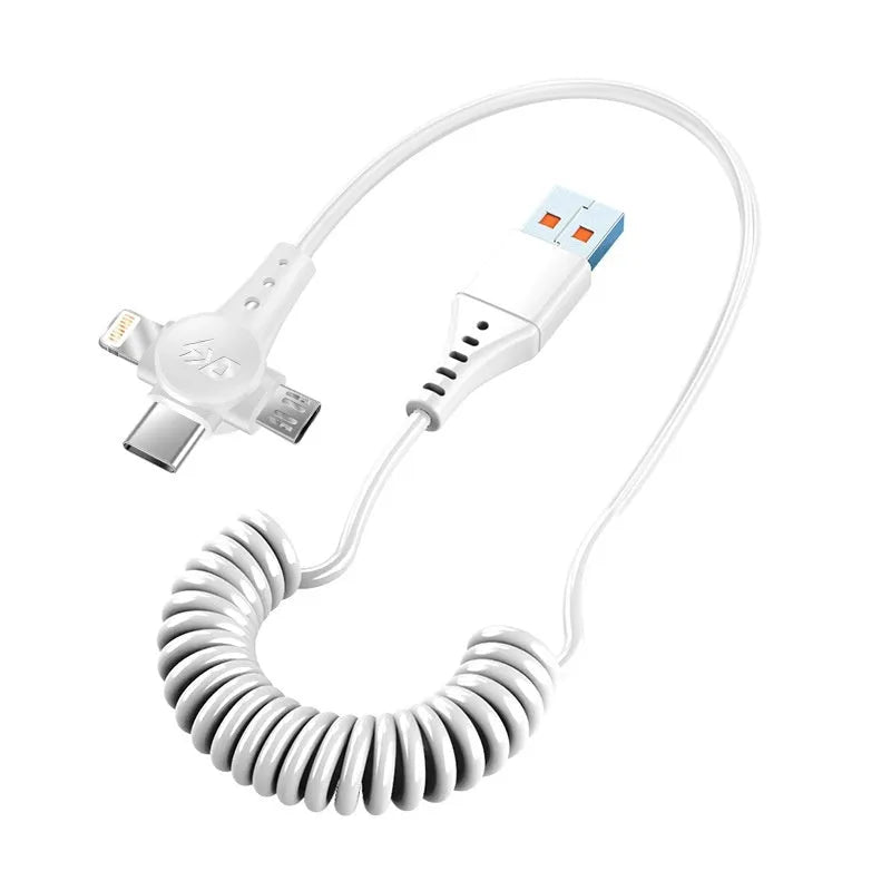 Black telescopic spring data cable with 3-in-1 connector showing Type-C, Micro USB and Lightning ports