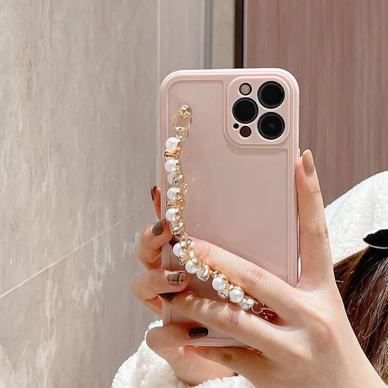 Rhinestone pearl bracelet silicone phone case for iPhone, pink and white colours, decorative design