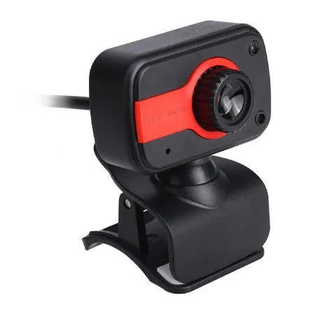 Blue mini USB webcam on a stand showing its 360-degree rotating base and focus ring.