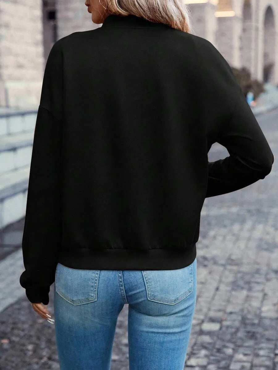 Black women's polyester casual jacket with long sleeves and zip closure