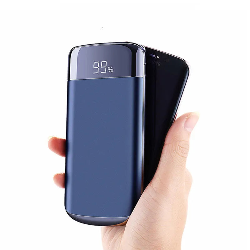 Square aluminium alloy power bank with digital display and multiple USB ports in various colours