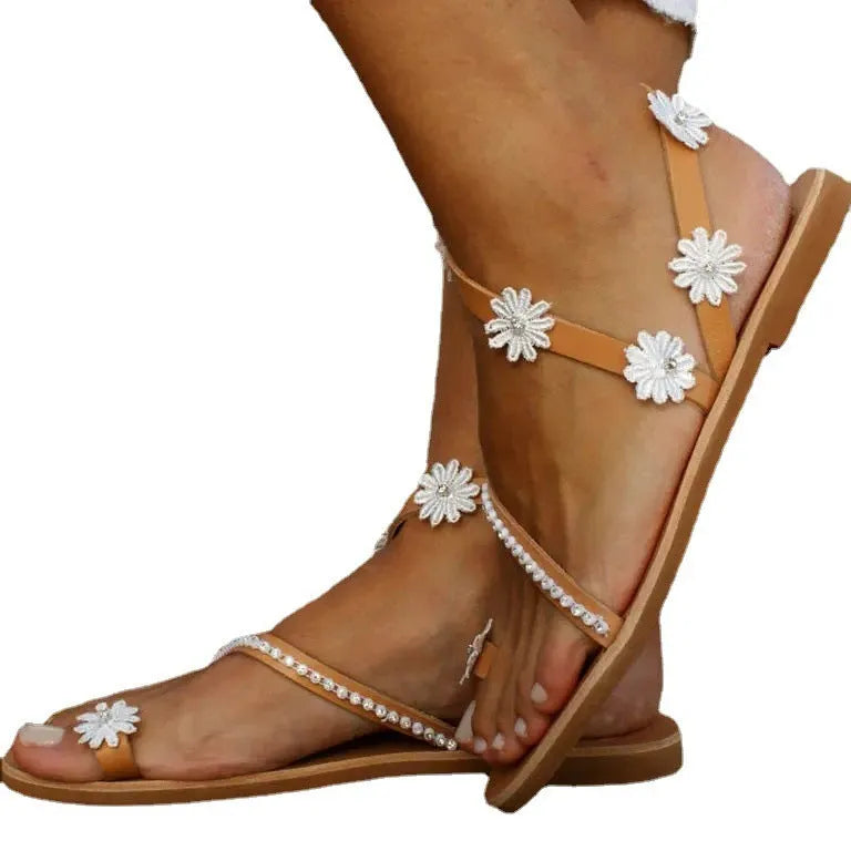 Brown floral Roman sandals for women with flat rubber sole and artificial PU upper