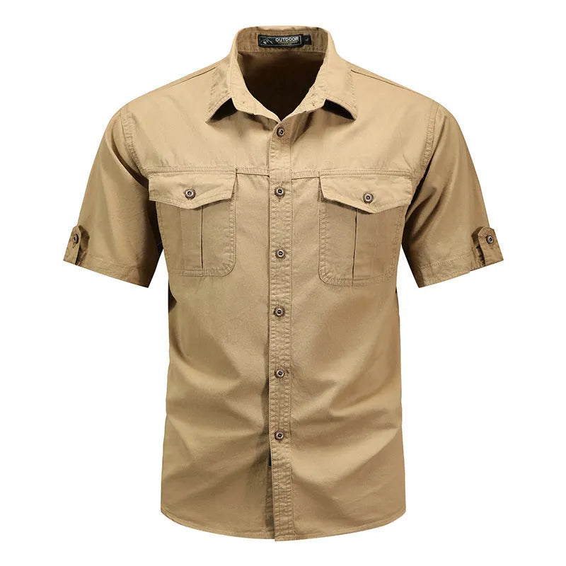 Men's short sleeve cotton cardigan shirt in khaki colour, front view, sizes M to 5XL