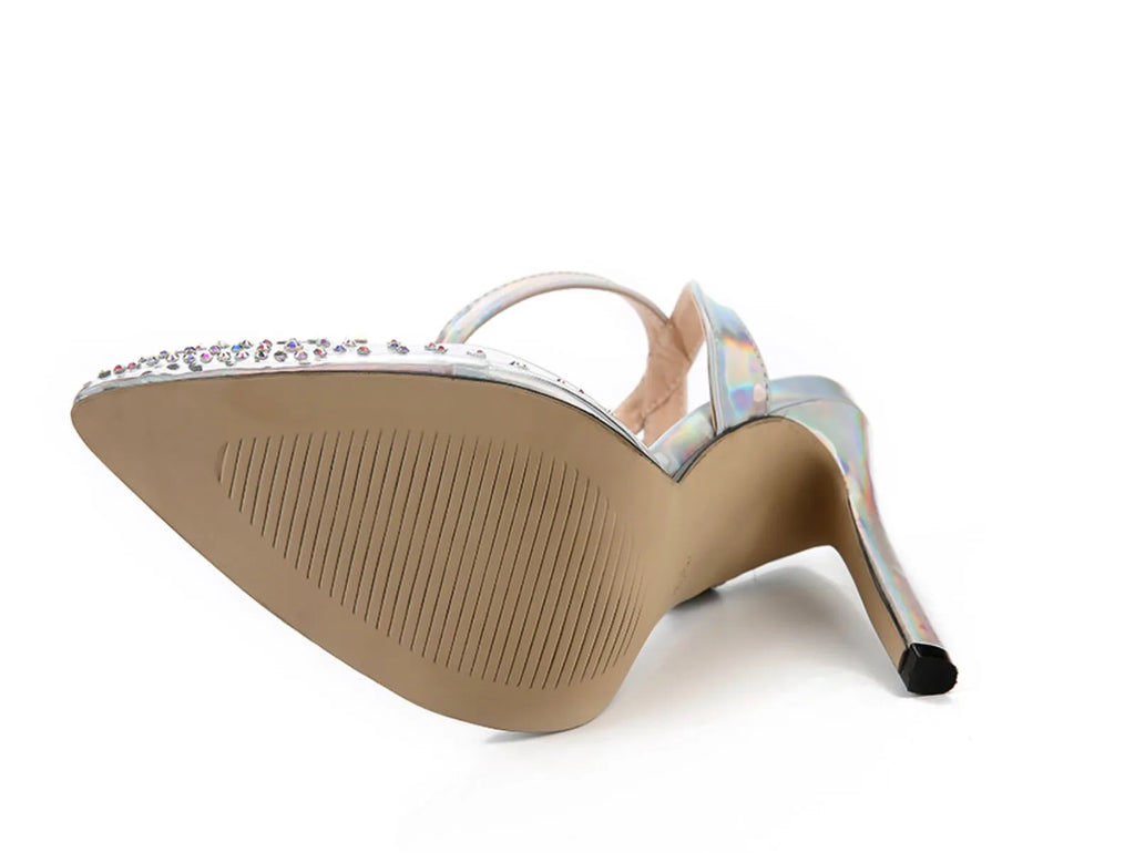 Gold glitter pointed toe stiletto sandals for women on a white background