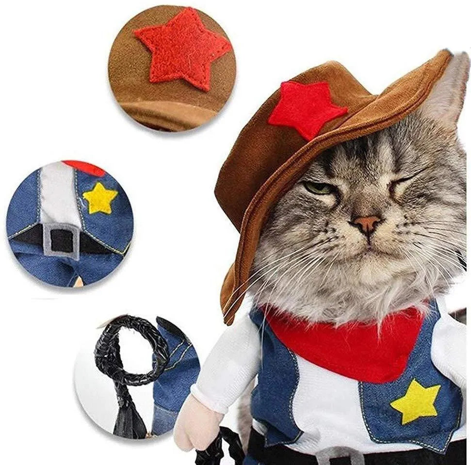 Dark blue pet denim cowboy costume with jacket and hat for cats and dogs, sizes S to XL.