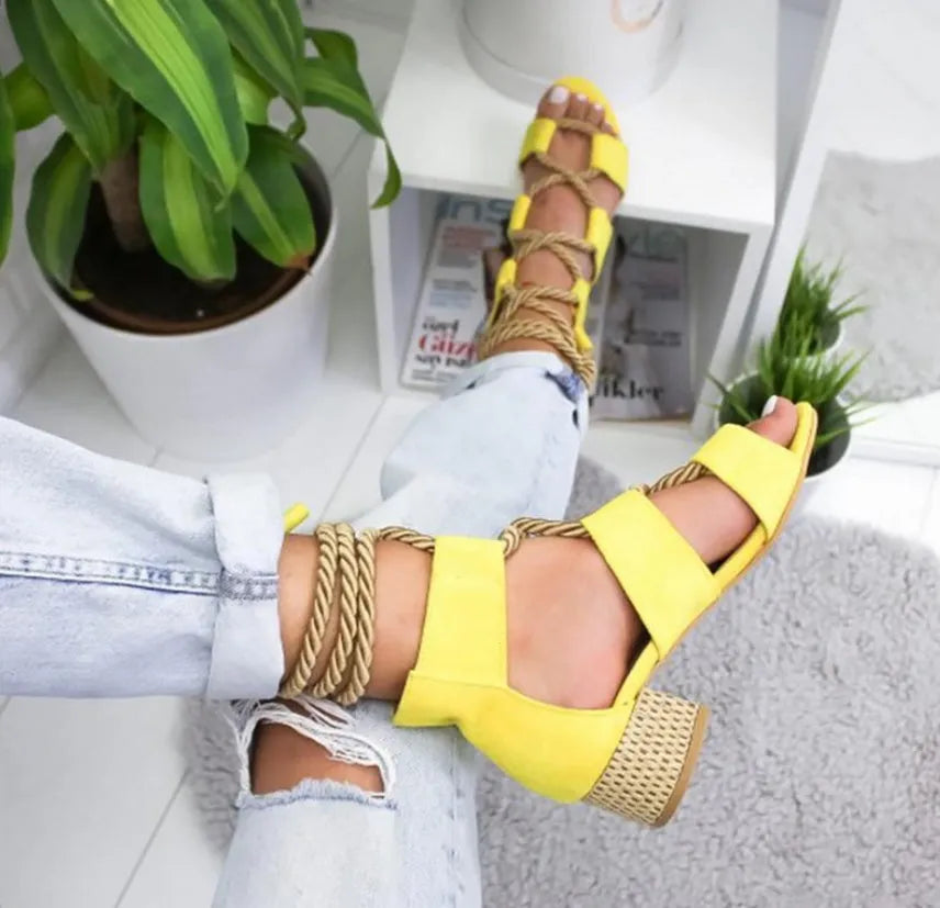 Women's beige suede sandals with a thick middle heel, front strap, and ankle strap, showing a round fish mouth toe.