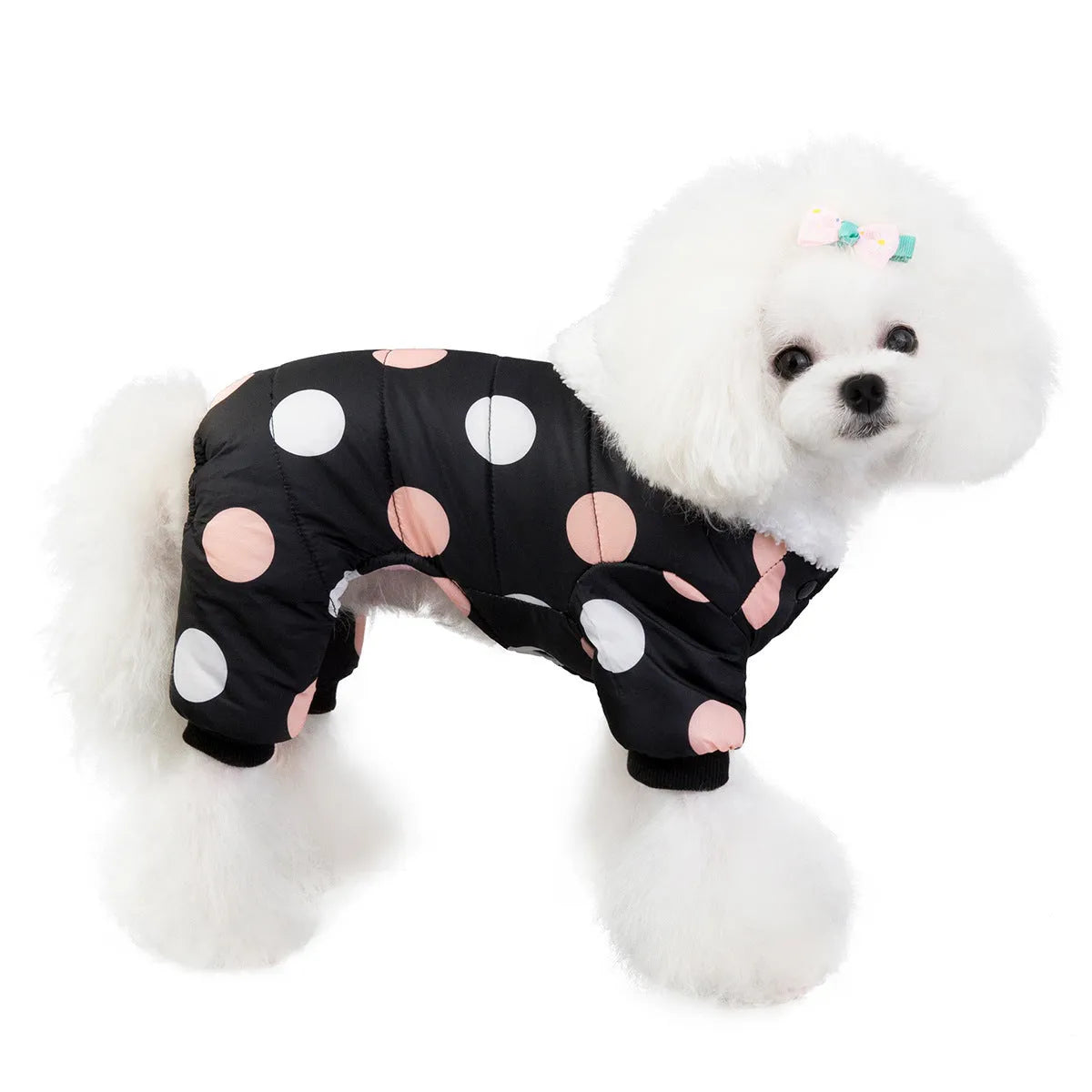 Warm big polka dot four-leg cotton pet coat in black, light yellow, or pink, sizes S to XXL