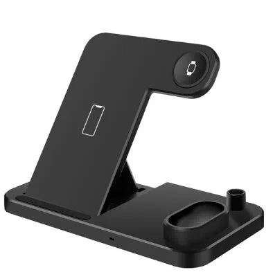 Black 4-in-1 wireless charging station with phone on adjustable magnetic stand, charging Apple Watch, AirPods, and Apple Pencil.