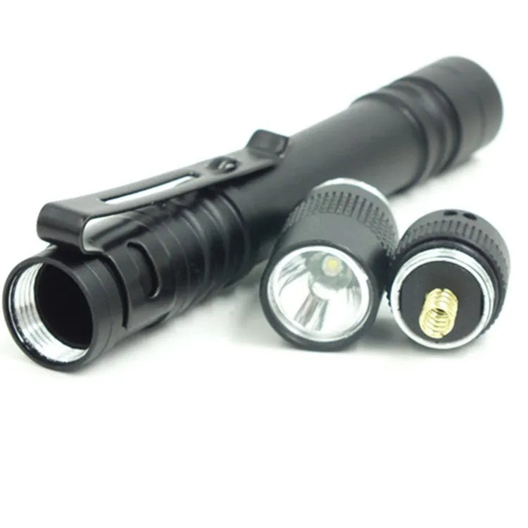 Black compact LED flashlight with an AA battery, beam range 50-100m for daily carry and emergencies.