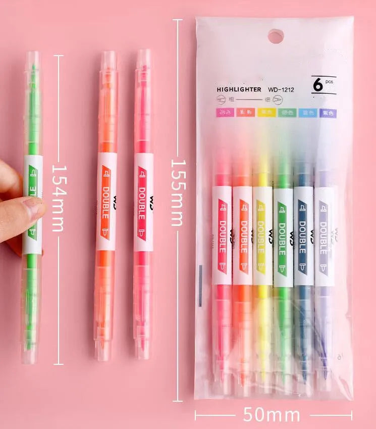 Six double-headed highlighter pens showing round and oblique nibs in six different colours