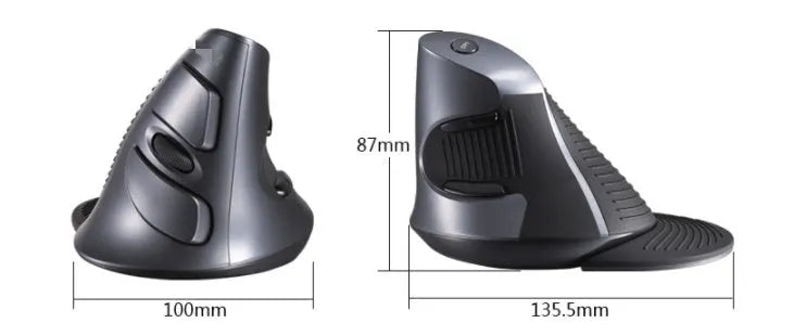 Black and white wireless vertical ergonomic mouse shown from the side, displaying its upright shape and button layout.