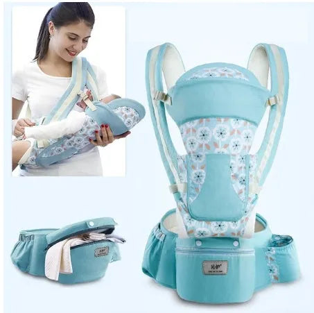 Baby waist stool carrier in blue with breathable mesh, adjustable waistband 71-110cm, cotton fabric