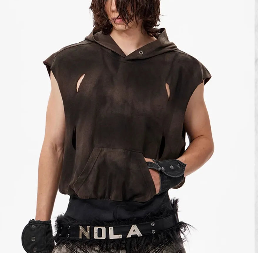 Khaki cotton short sleeve hooded vest with front pouch pocket and oversized streetwear fit