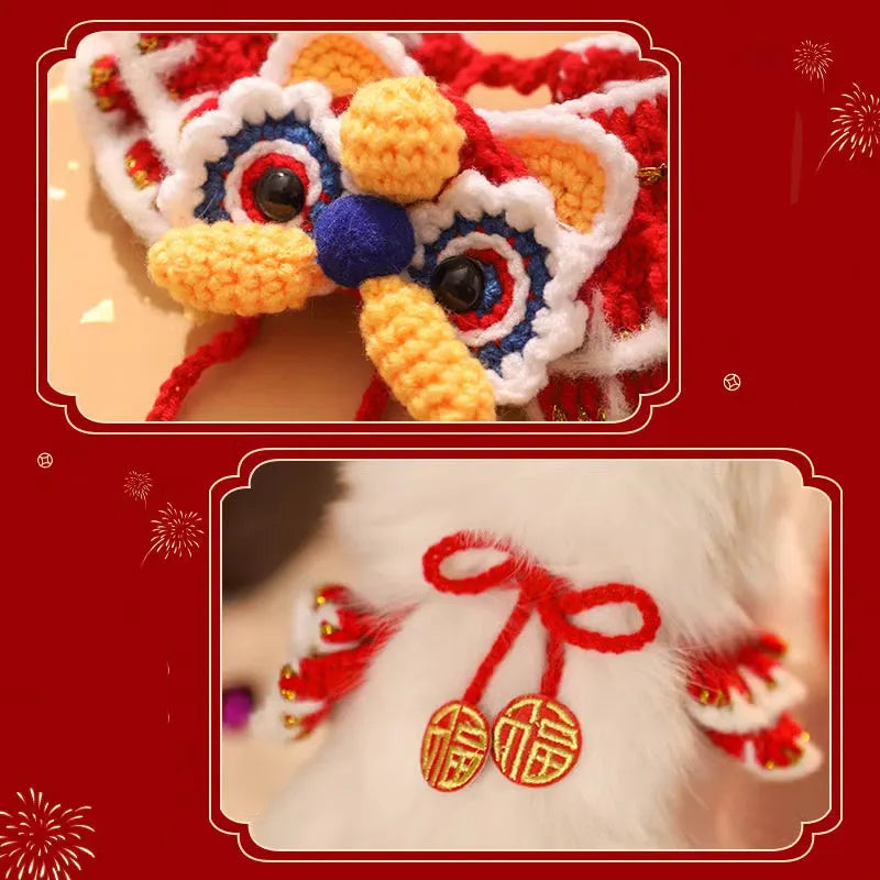 New Year pet scarf collar in Lion Dance Blessing design for cat or dog, size S or M, festive autumn winter accessory