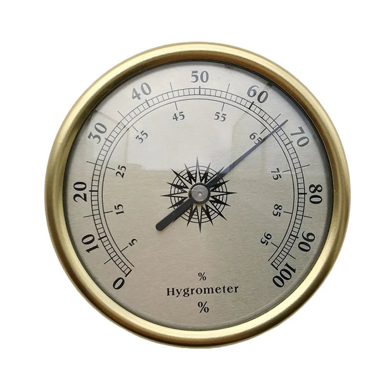 Analogue thermometer and hygrometer with aluminium ring and dial showing temperature and humidity scales.