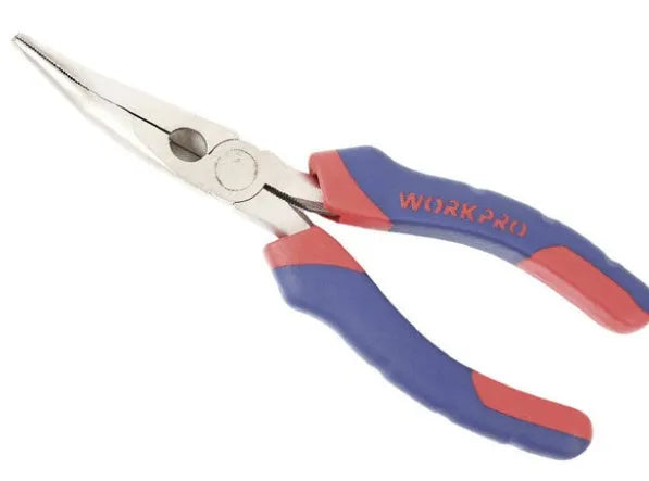 Blue curved nose pliers with double-colour sleeve handles for electrical and automotive work