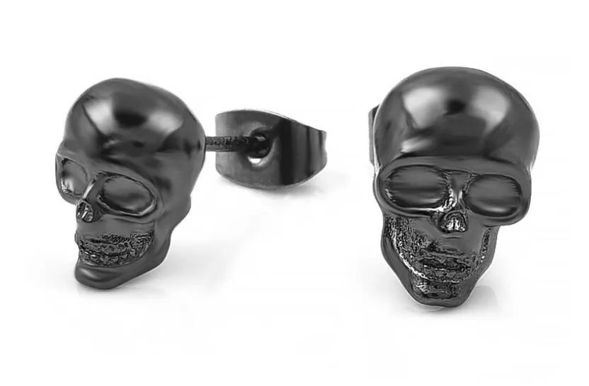 Pair of small punk skull stud earrings in black or silver white copper with push-back fittings