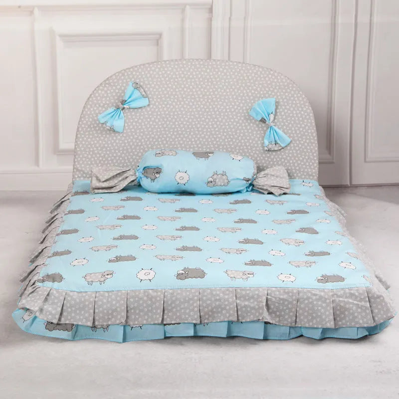 Creative square dog mat in pink, pure cotton with silk cotton fill, size L, on floor