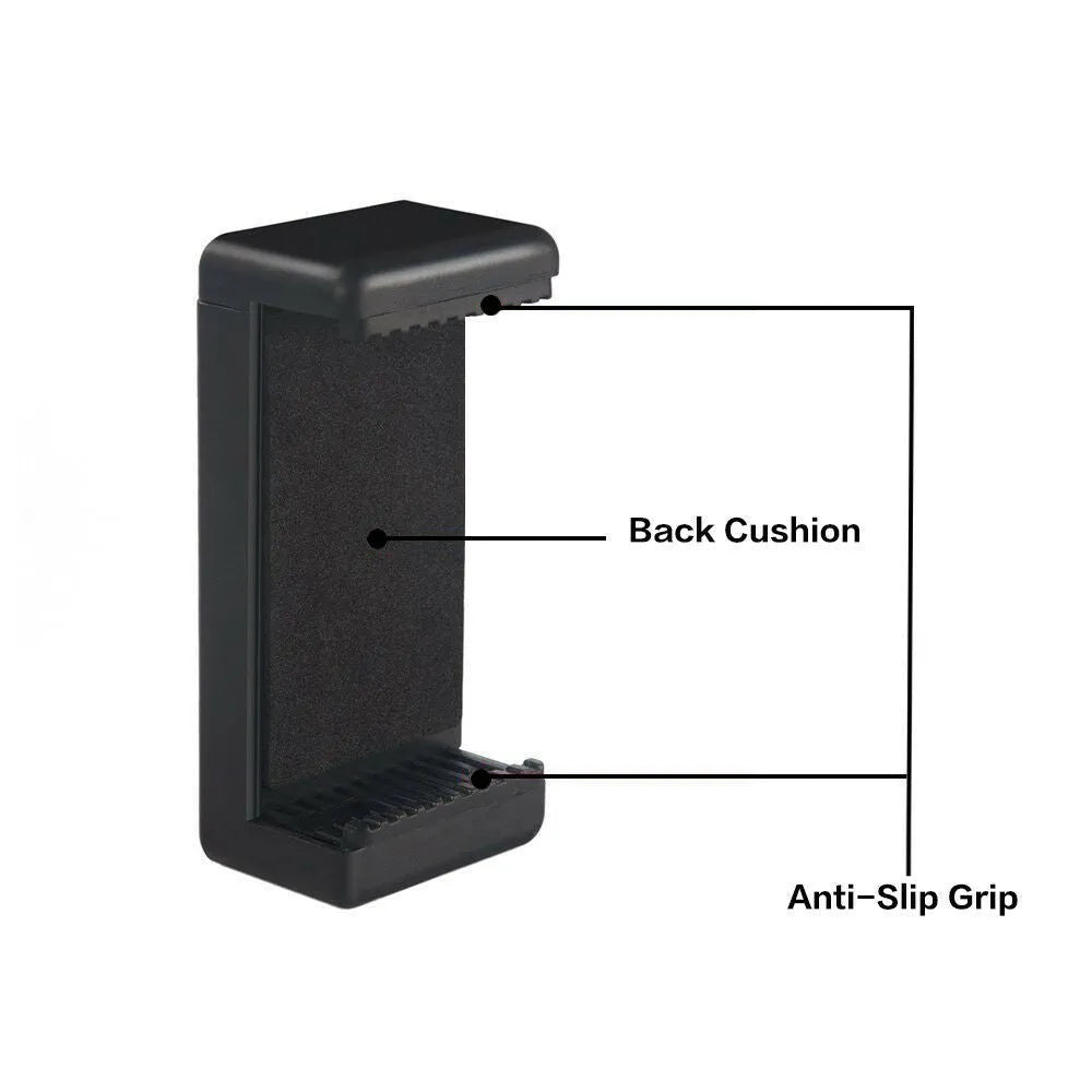 Black plastic single phone holder with rotating clamp on a wooden desk.