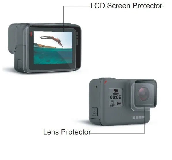 Transparent tempered glass screen and lens protector kit for GoPro Hero 5, 6, and 7 cameras.