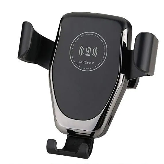 Black car wireless charger mount showing phone clamped automatically with ventilation installation
