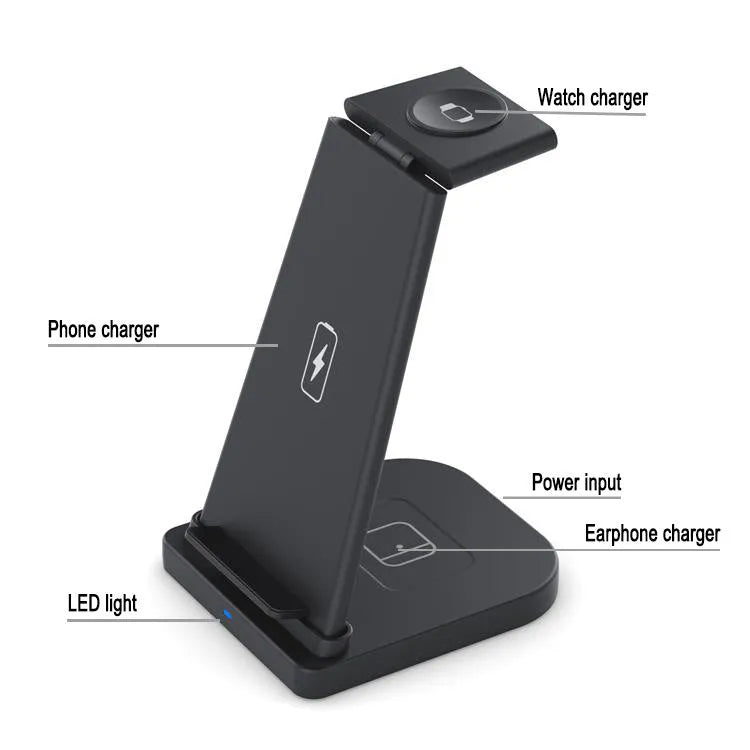 Black foldable three-in-one wireless charger for mobile phone, watch, and headphones with USB cable