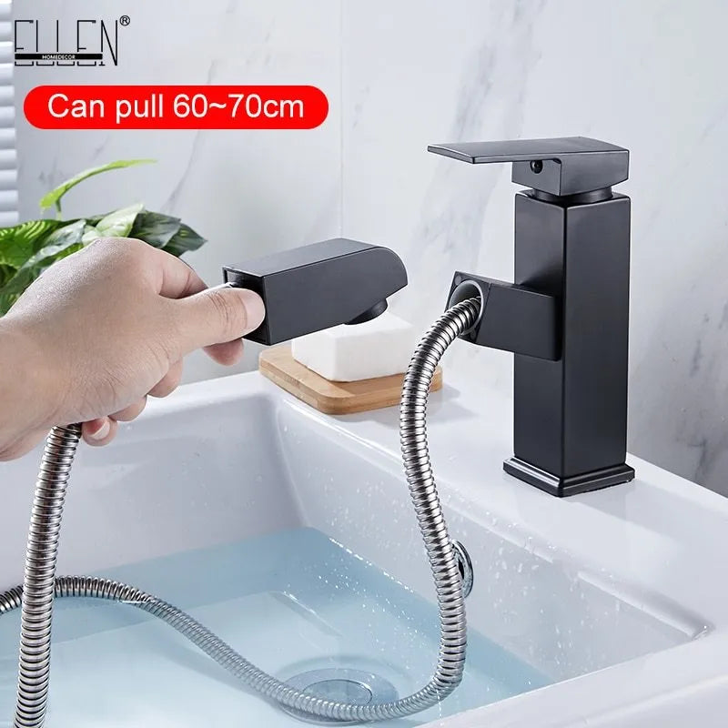 Nordic brass brushed gold pull faucet with square lever design for hot and cold water control