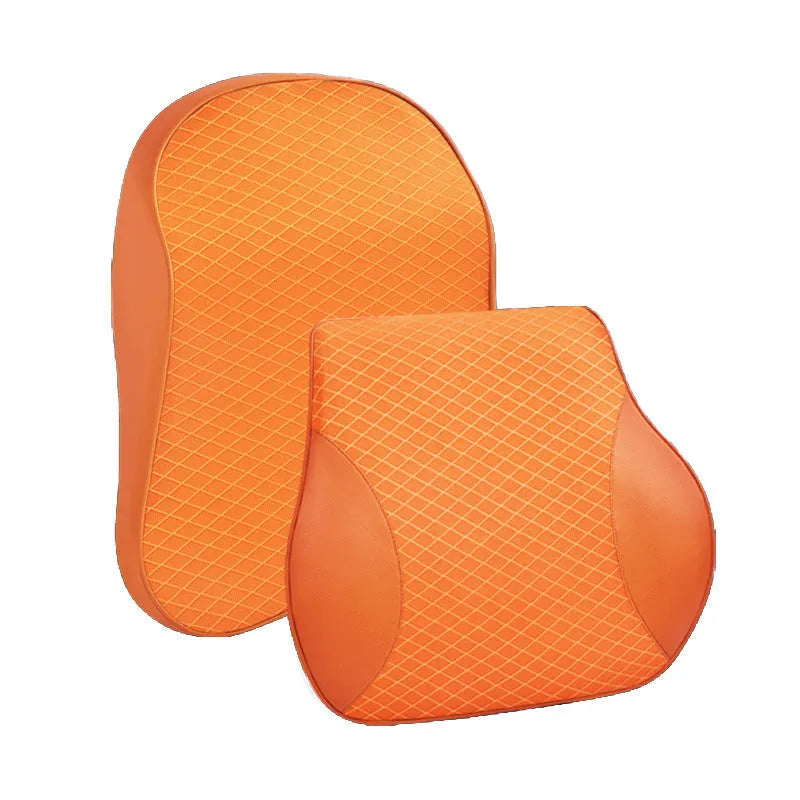 Large memory foam car headrest and neck pillow set with lumbar support cushion in beige