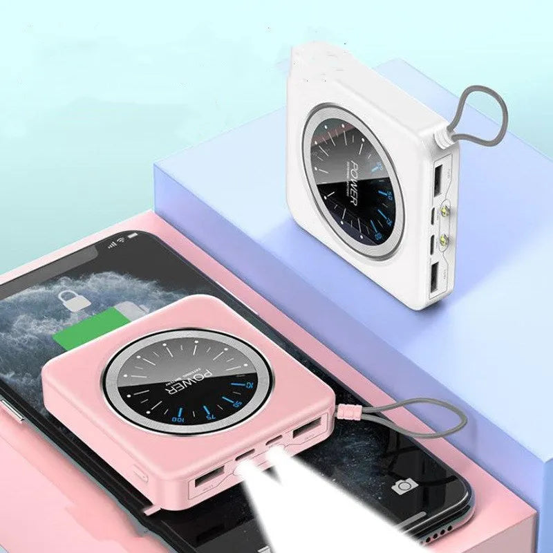 Mini clock power bank in alloy case with multiple USB ports, shown in pink, black, green, and white colour options.
