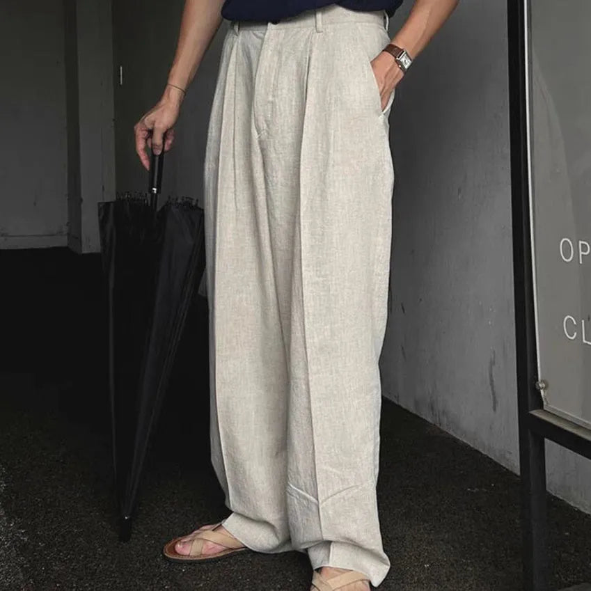 Men's light-weight cotton linen trousers in apricot with wide-leg design and micro-elastic waist