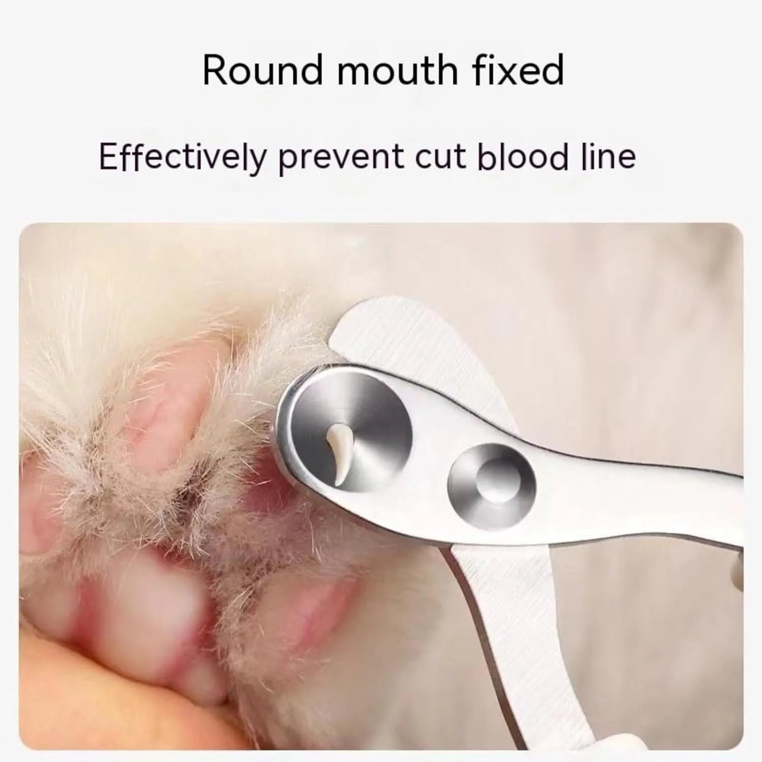 Blue handled pet nail clippers showing circular cut hole with 2mm fixed aperture and stainless steel blade.