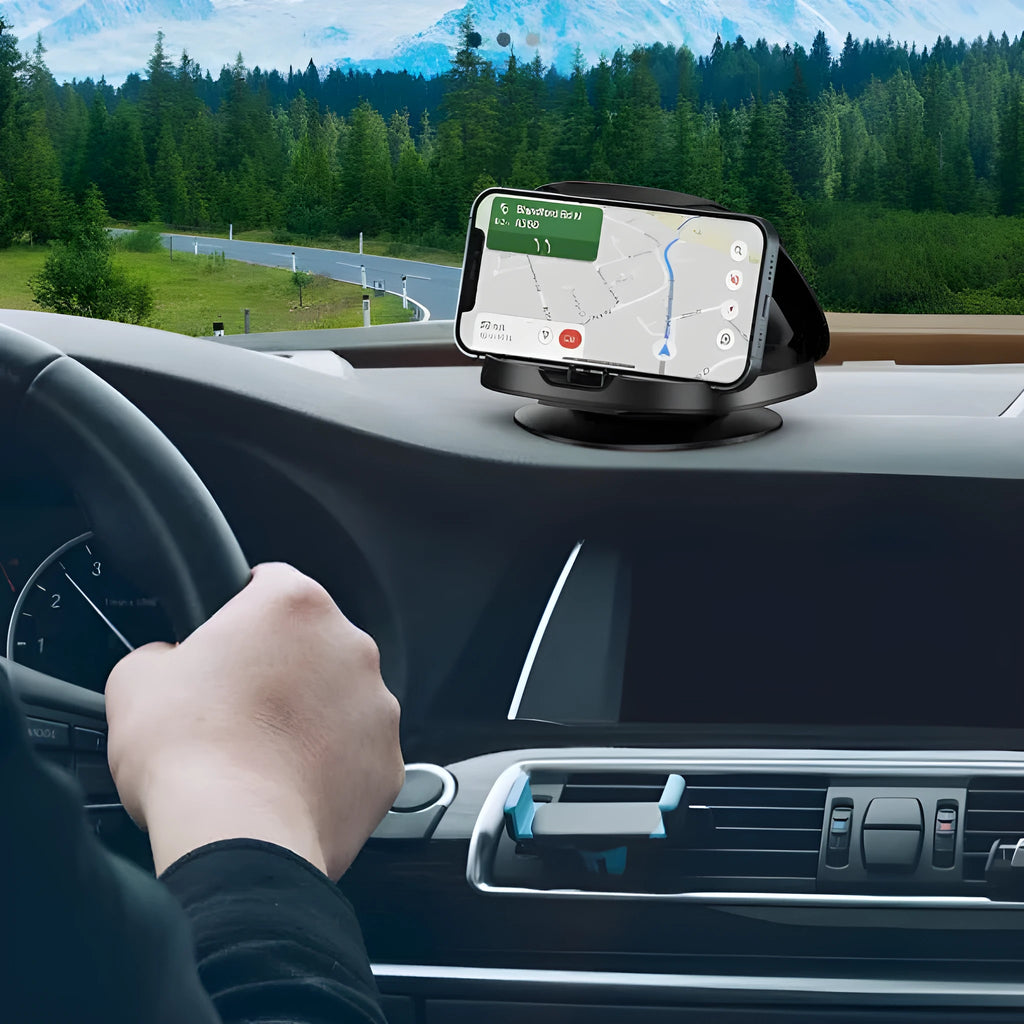 Black plastic rotating suction cup car navigator bracket mounted on a windscreen