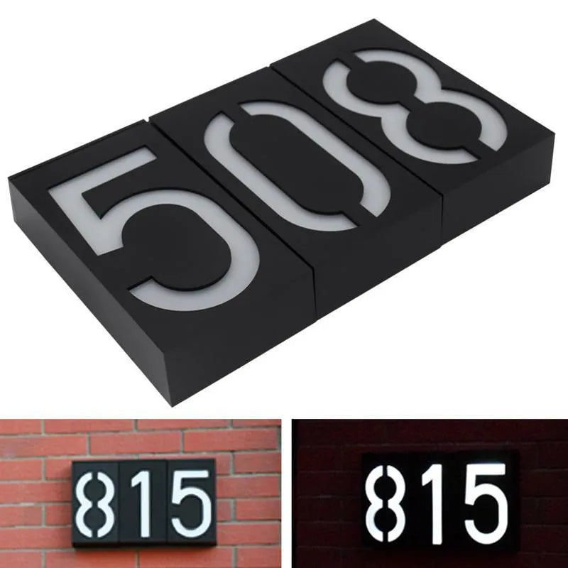 Solar powered outdoor house number light with white LED illumination and weatherproof construction
