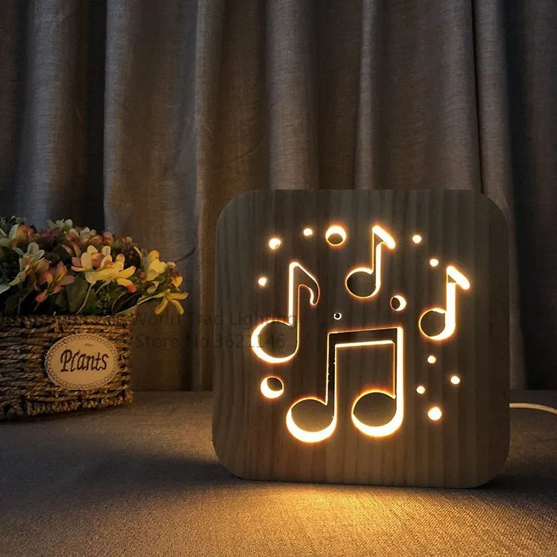 Natural pine wood 3D LED atmosphere light with warm white glow and USB cable.