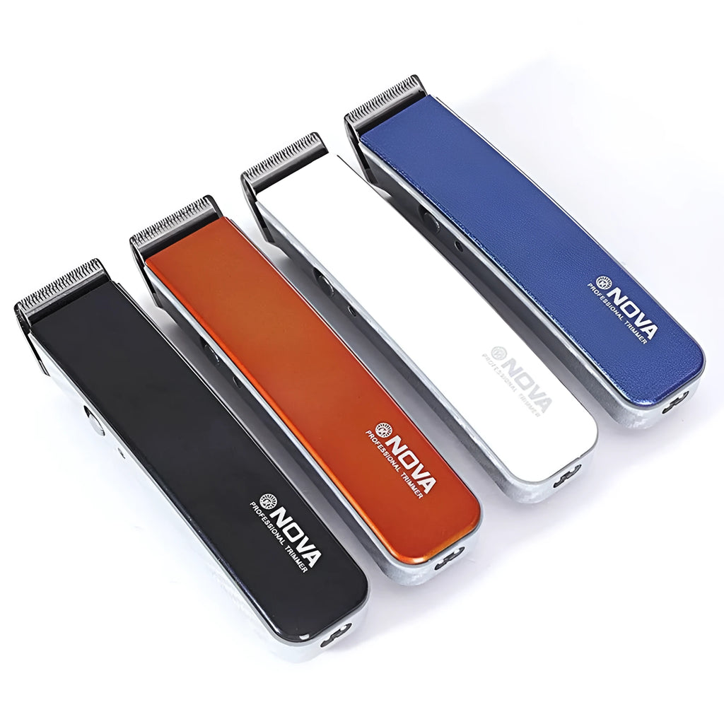 Electric hair clipper with removable blade head in black, blue, orange, red, or white colour options.
