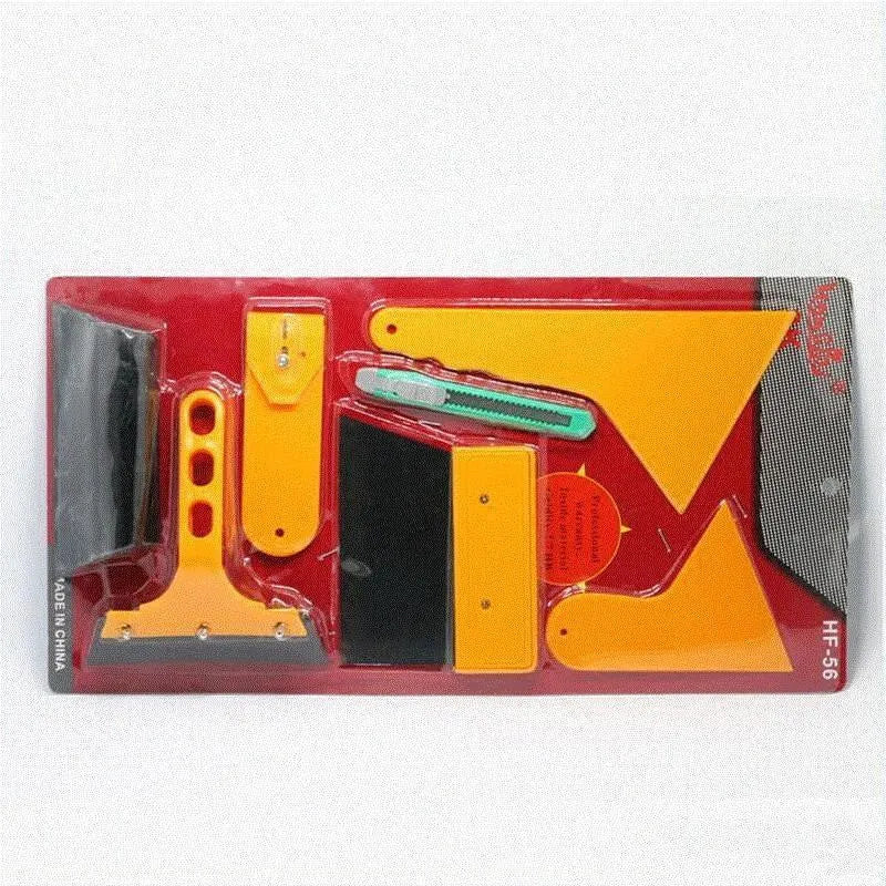 Seven-piece car window tinting tool set with scrapers, knives, and specialised film application tools.