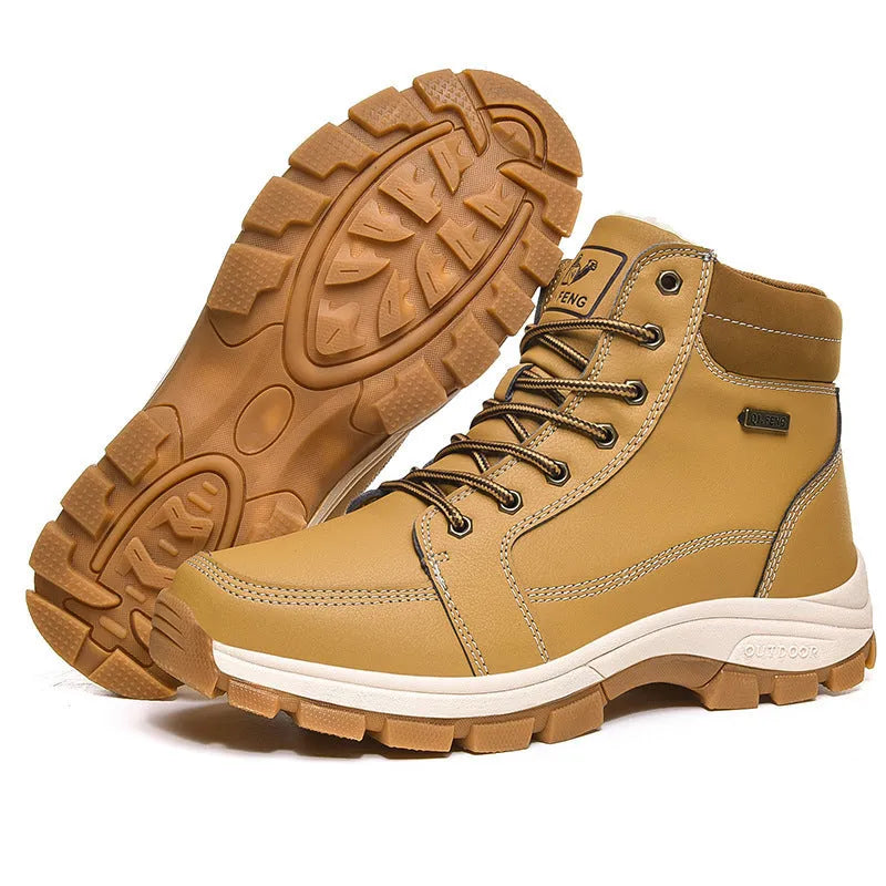 Men's winter snow ankle boots with leather upper and non-slip rubber sole, black velveted finish