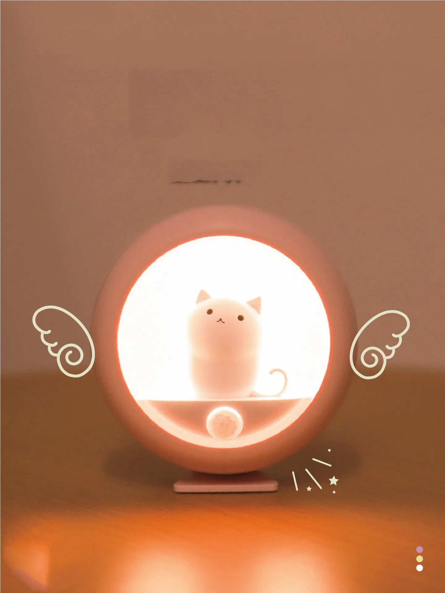 Baby bedside sleep lamp showing orange, pink, and white light options with a projection feature.