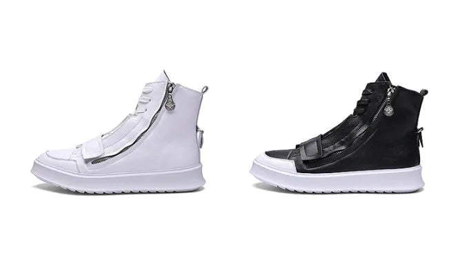 Men's black and white PU leather ankle boots in high-top sneaker style with winter boot design