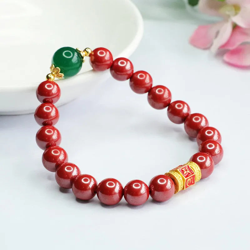 Emperor sandstone cinnabar bracelet with six-words proverb engraving showing 8mm bead diameter
