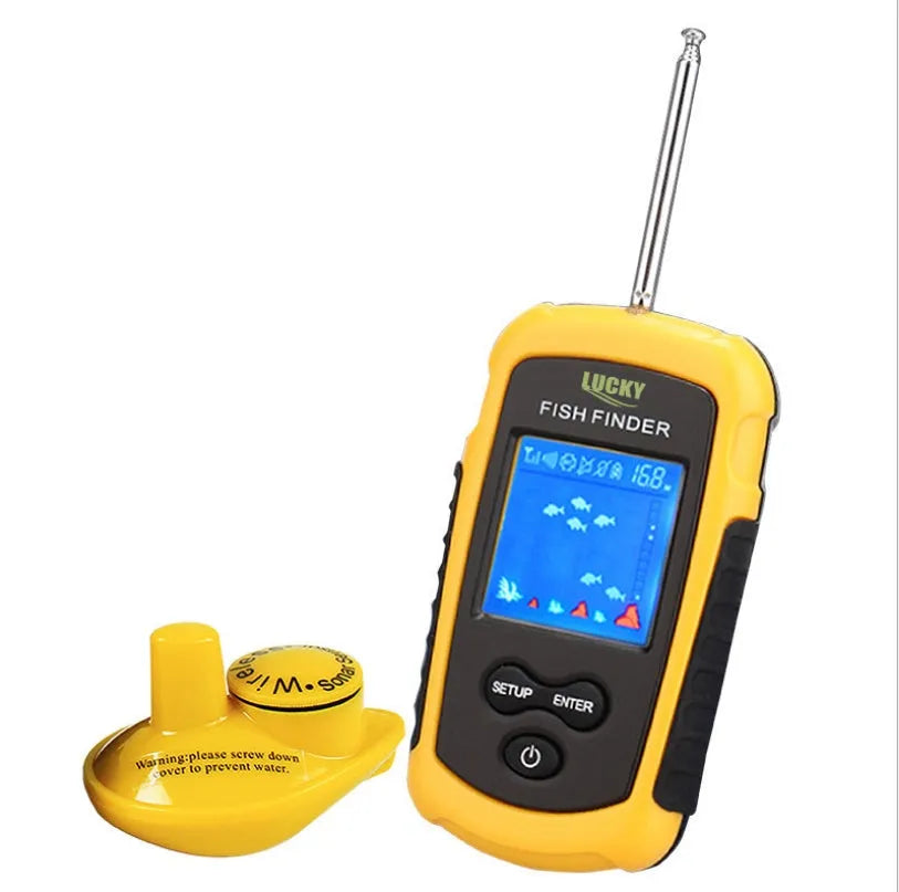 Yellow wired fish finder with 200KHZ sonar, 73m depth range, multi-language display
