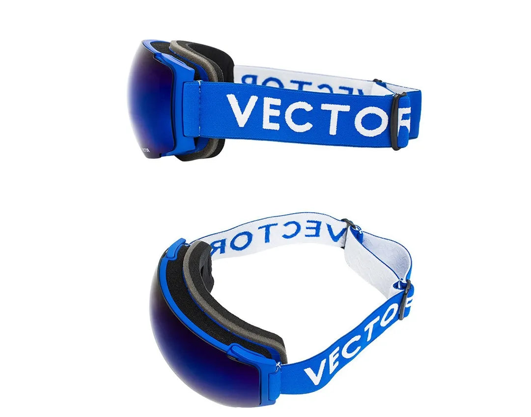 Compass ski glasses with double-layer anti-fog spherical lens and magnetic lens change system on blue background
