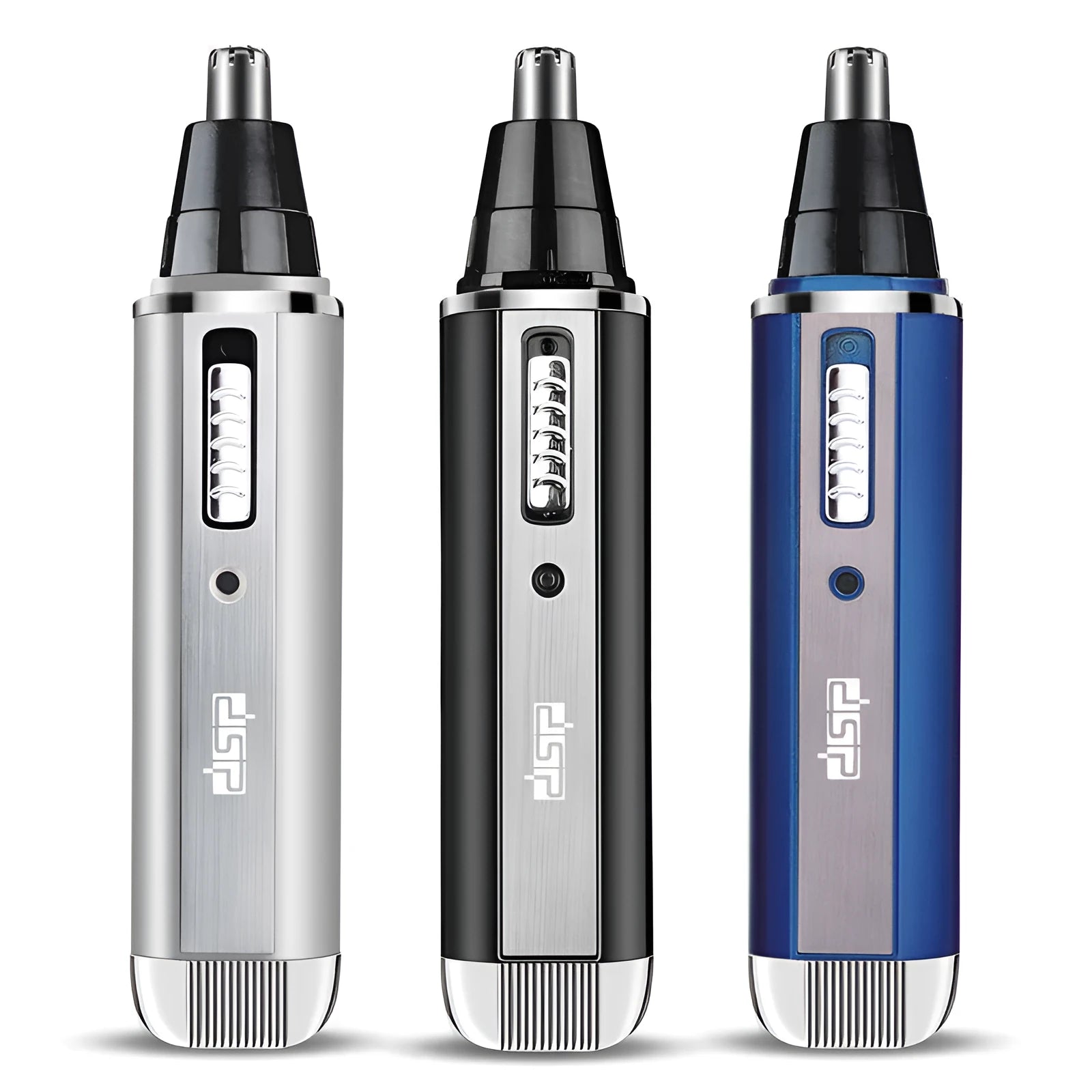 Blue electric shaver with multiple trimming attachments for nose hair, sideburns, and eyebrows.