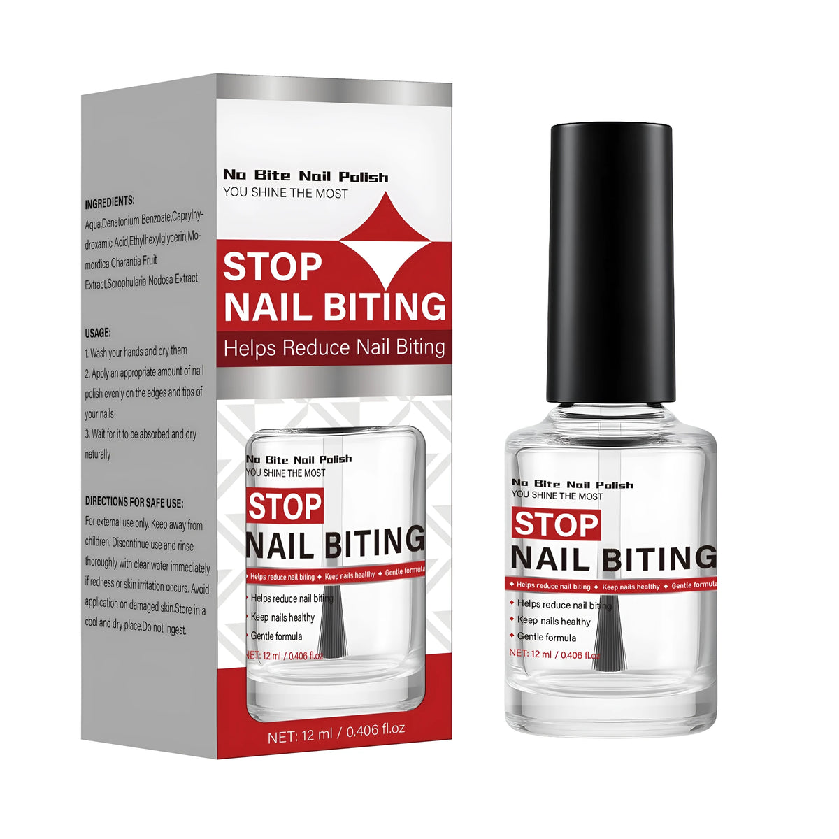 12ml stop nail biting liquid in a plastic bottle with brush applicator, deterring nail biting with bitter taste