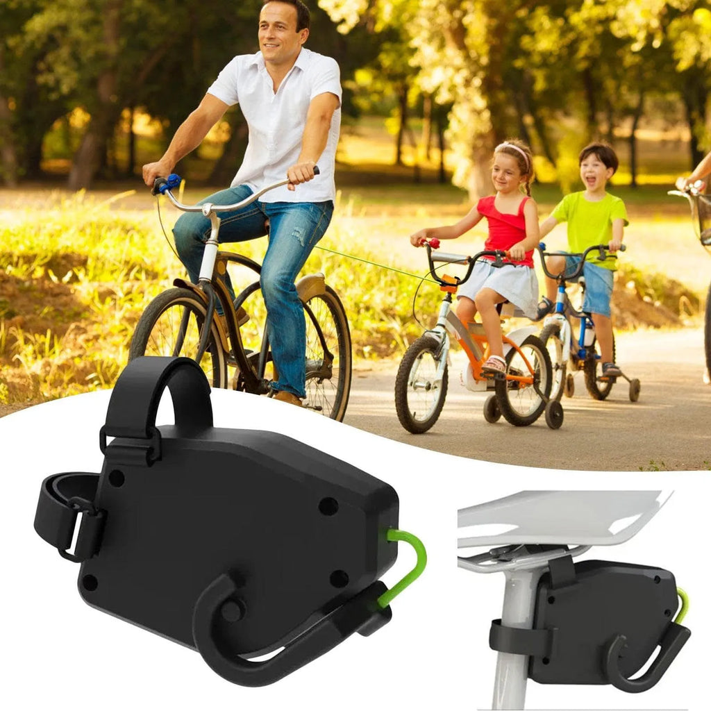 Black plastic mountain bike trailer traction device with adjustable trailer rope for child transport