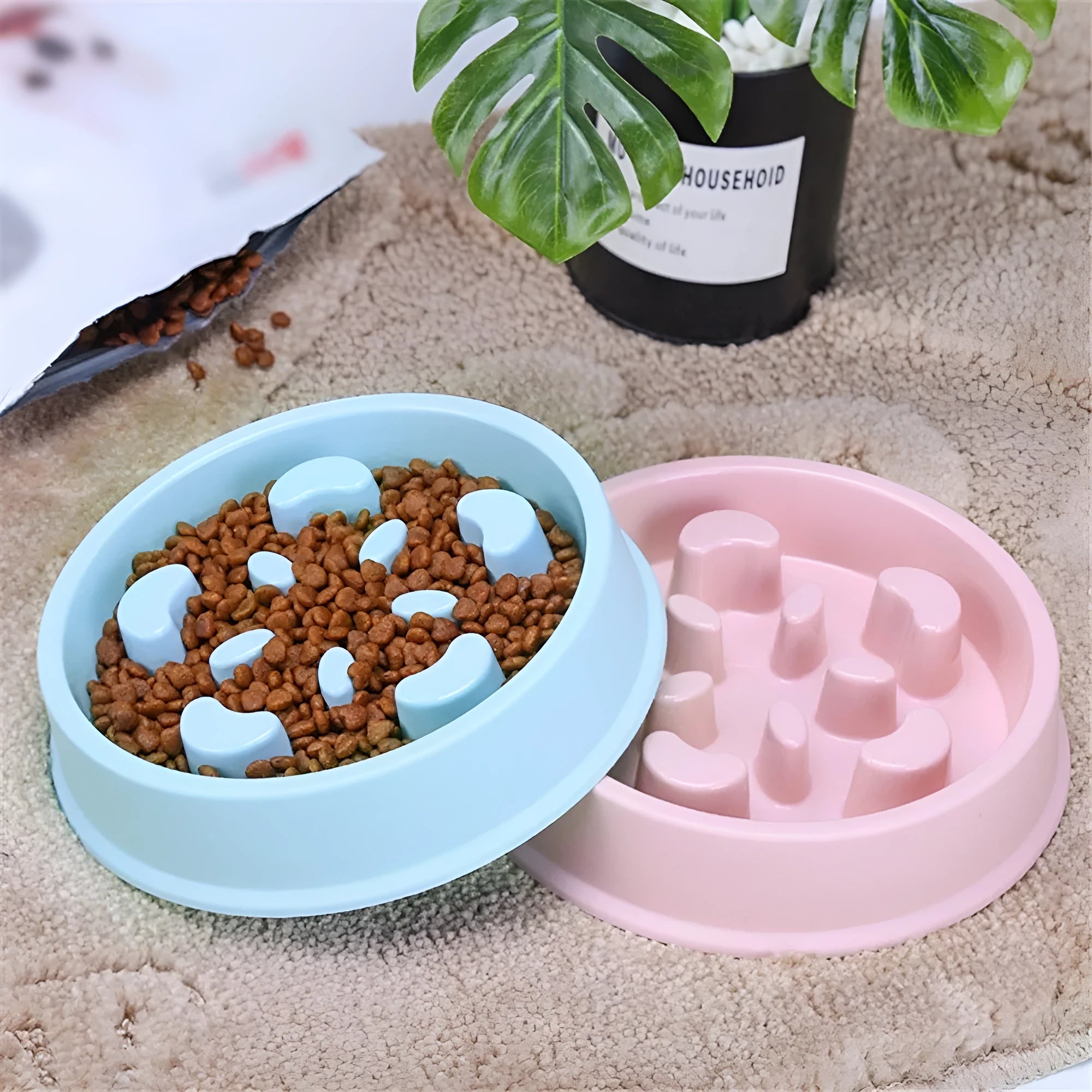 Blue plastic pet bowl with anti-choking slow feeding puzzle pattern for dogs and cats