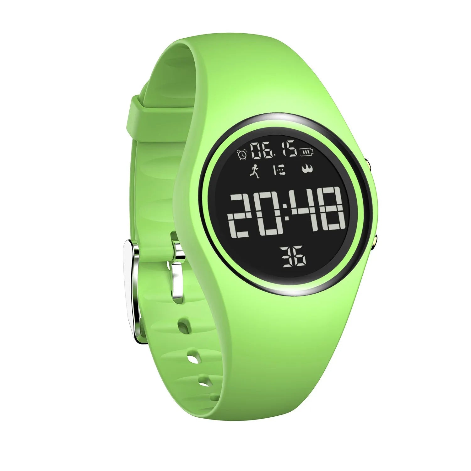 Standby waterproof smartwatch with silicone strap in pink, showing touch button controls