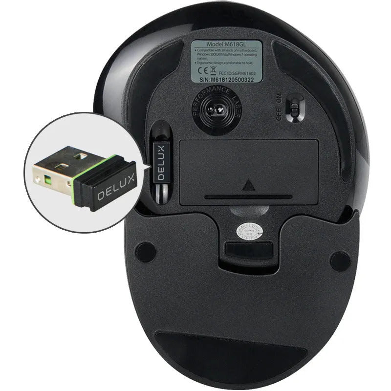 Black and white wireless vertical ergonomic mouse shown from the side, displaying its upright shape and button layout.